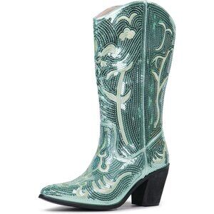 Women's Sequin Green Fashion Western Zipper Pointed Toe Embroidered Boots
